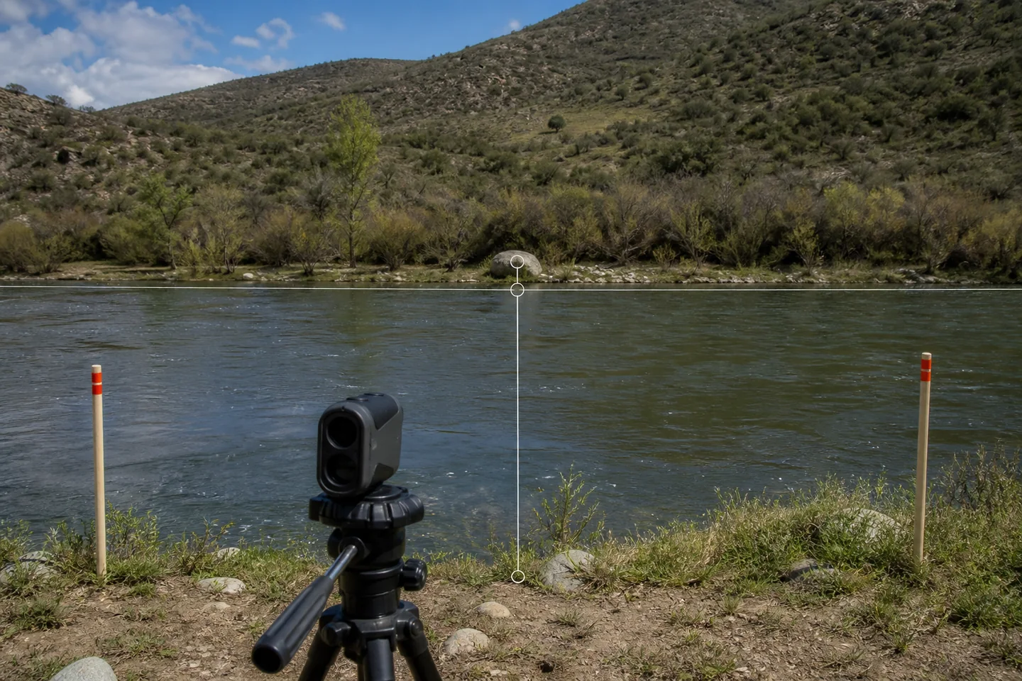 Geometría de campo para medir un río desde una orilla estable con telémetro