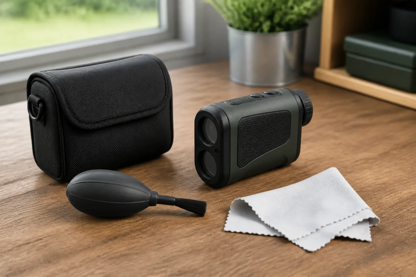 Telémetro compacto con material especÃfico para limpiar lentes