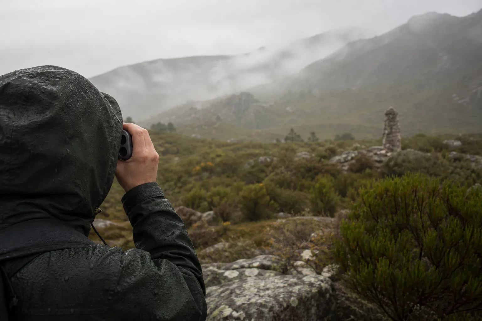Observador usando un telémetro láser hacia una roca en un paisaje con niebla