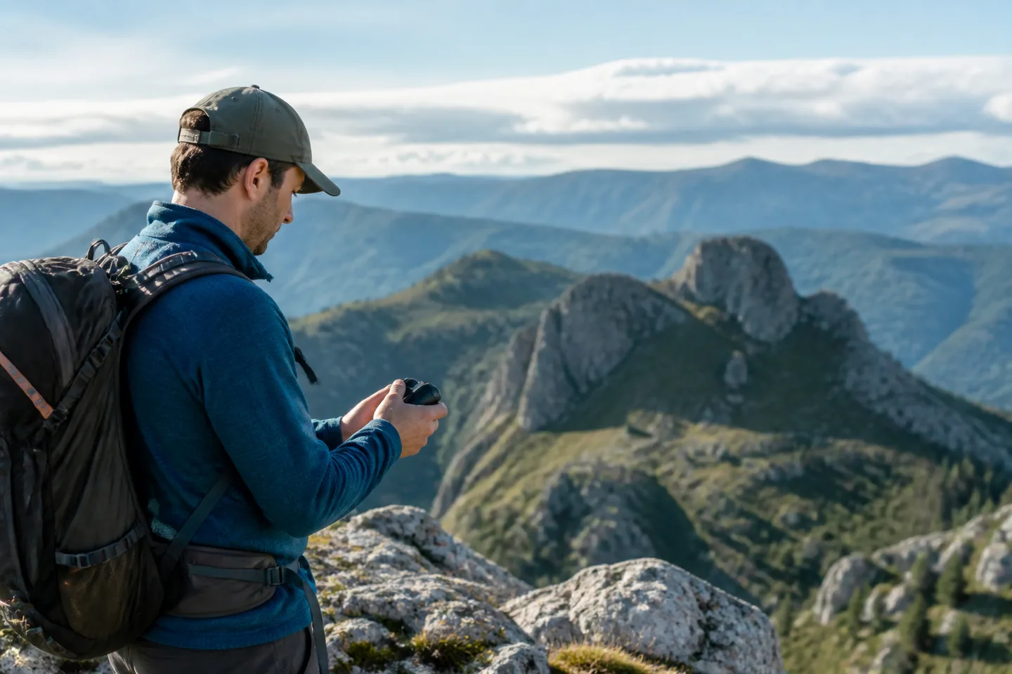 Senderista comprobando un telémetro compacto en un mirador de montaña