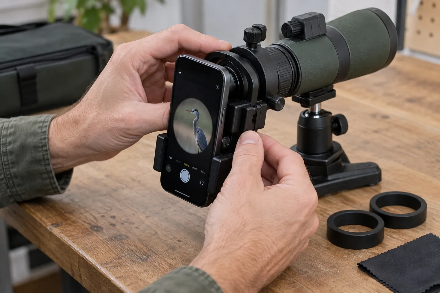 Adaptador de móvil para monocular alineado con un ocular compacto