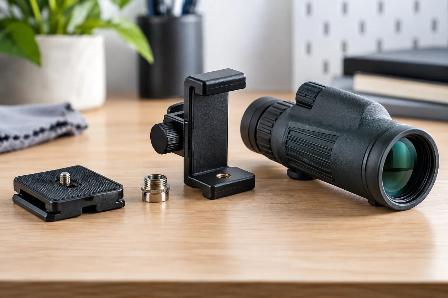 Trípode para monocular con placa y rosca alineadas sobre una mesa