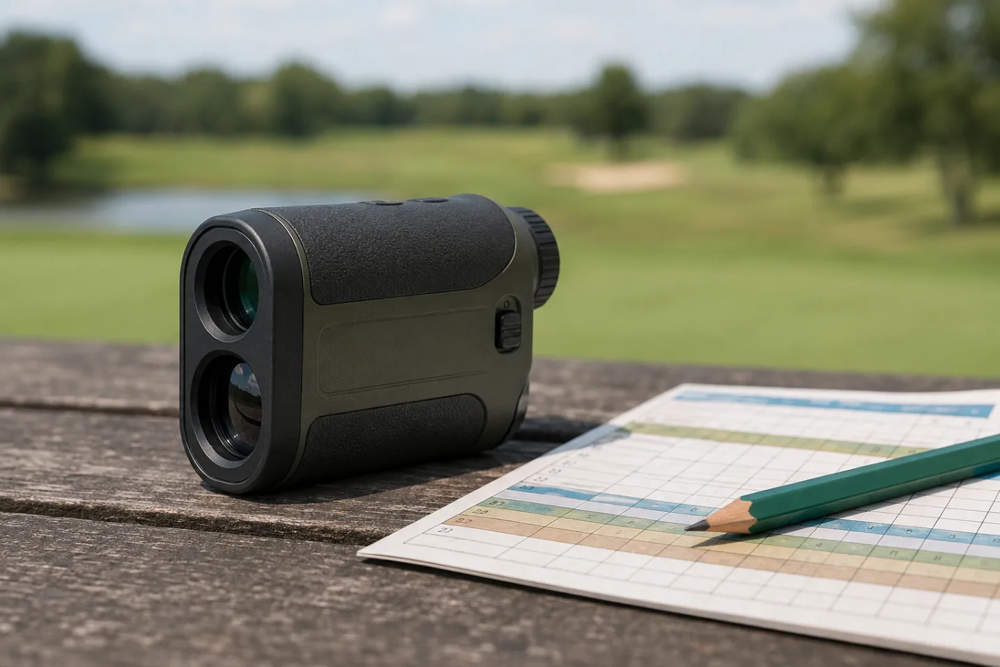 Telémetro de golf con control de modo pendiente junto a una tarjeta