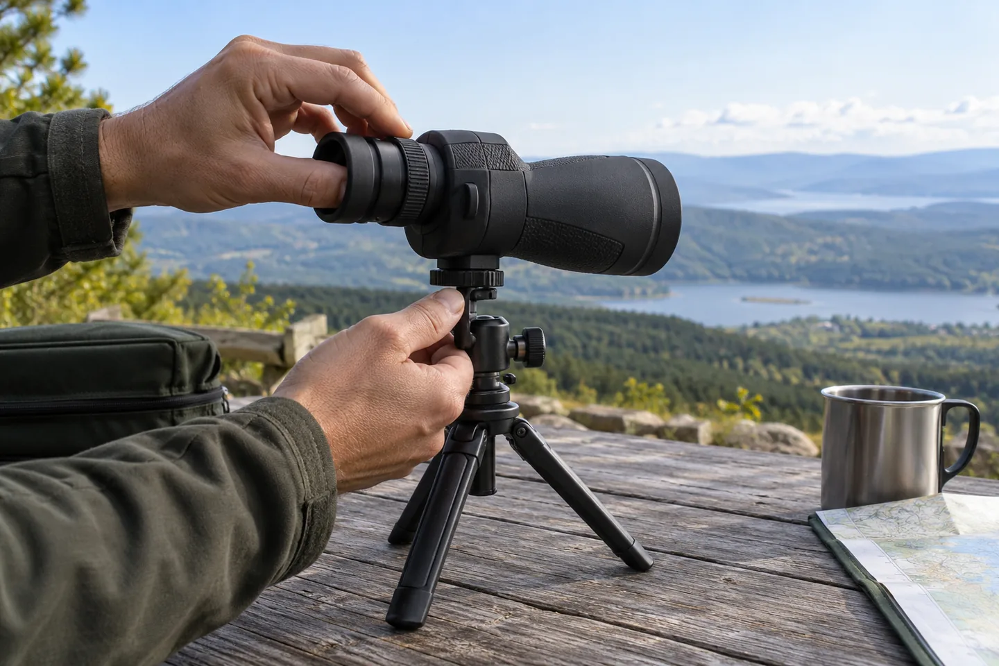 Ajuste de enfoque y trípode de un monocular 12x50