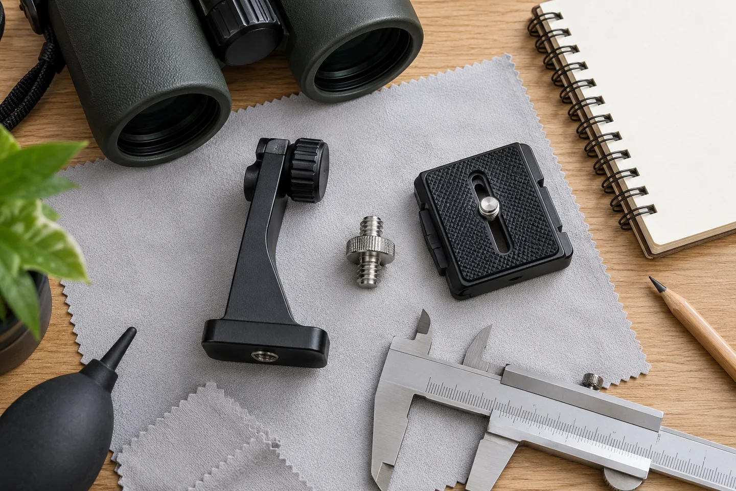 Piezas y roscas de un adaptador de trípode para prismáticos