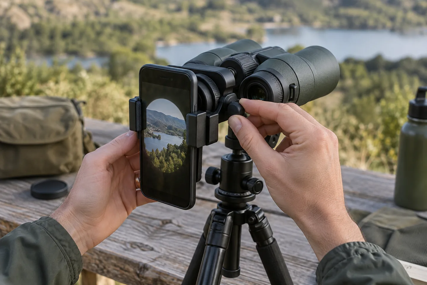 Ajuste de un smartphone sobre el ocular de unos prismáticos