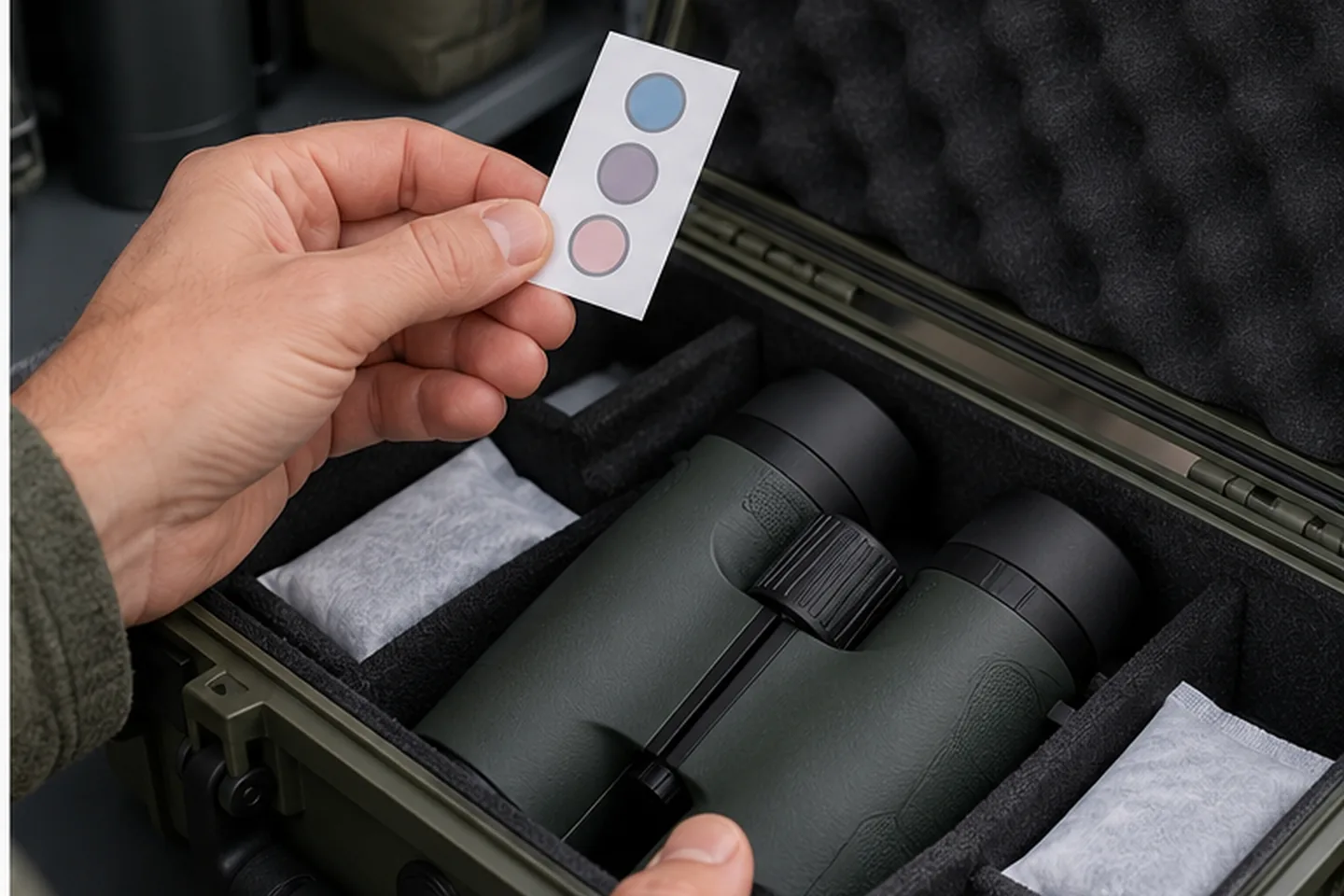 Comprobación de humedad antes de cerrar una funda de óptica