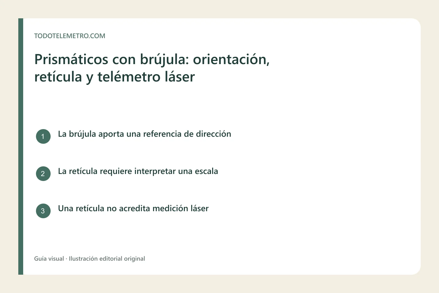 Infografía que distingue orientación con brújula, estimación con retícula y medición con telémetro láser