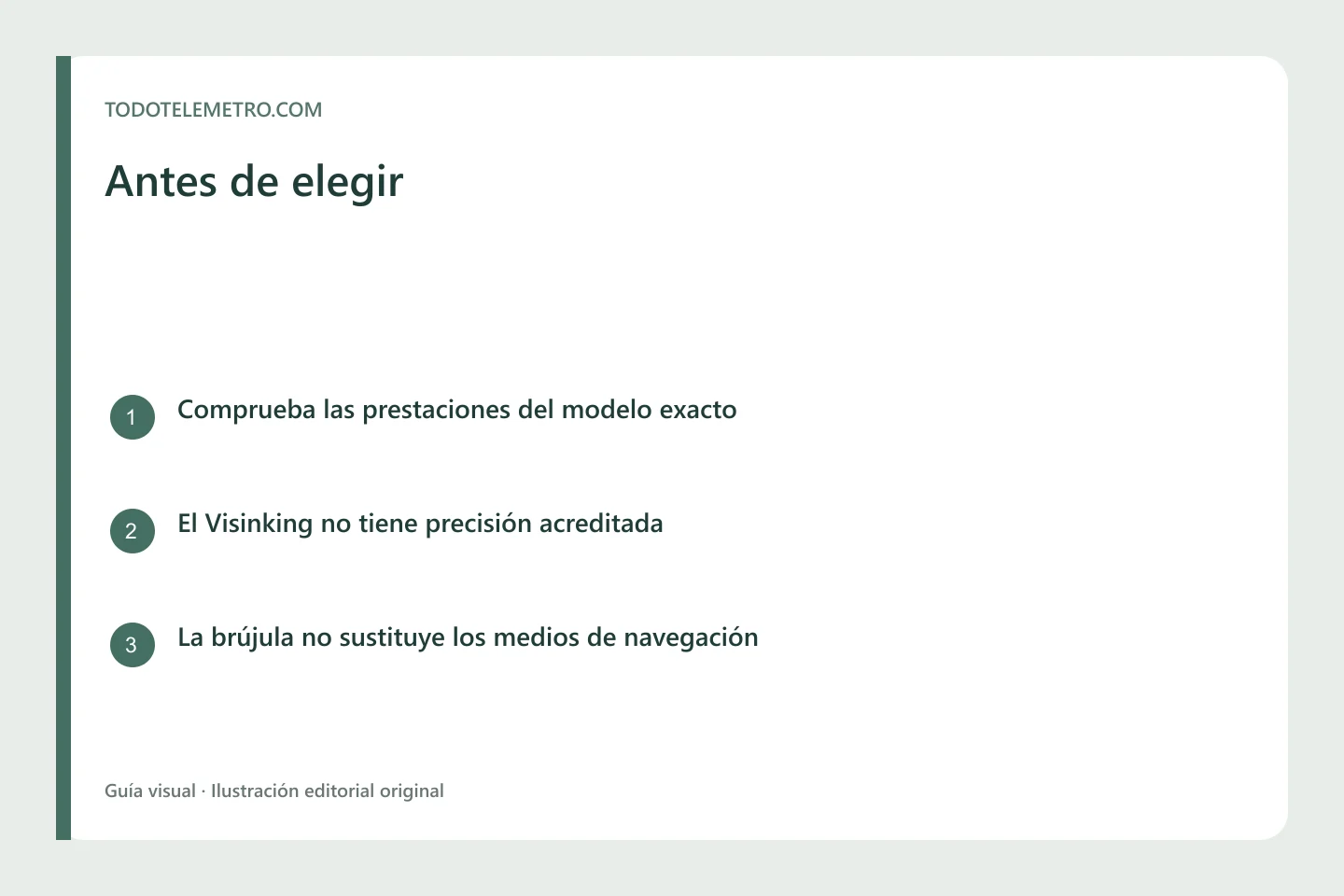 Infografía con los datos que revisar al elegir prismáticos con brújula y las limitaciones del Visinking